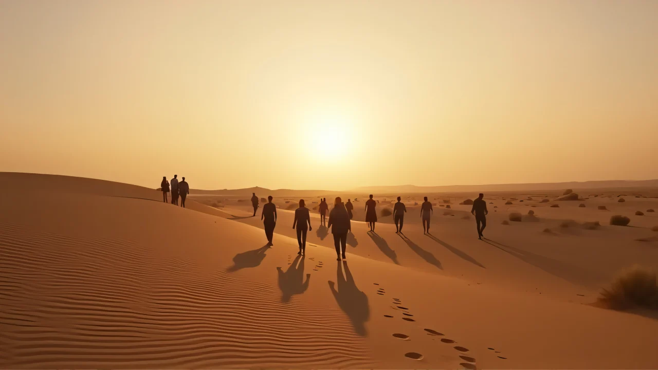 A group of people walking across a vast desert plain at dusk with long shadows and trailing footprints.