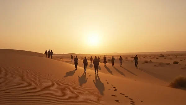 Group Walking Across Desert Plain at Dusk