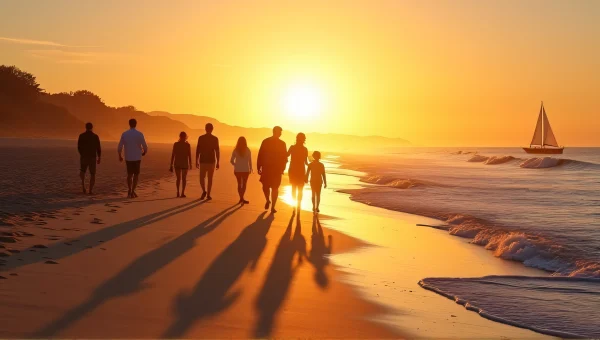 Group Walking On Sandy Shoreline At Sunrise
