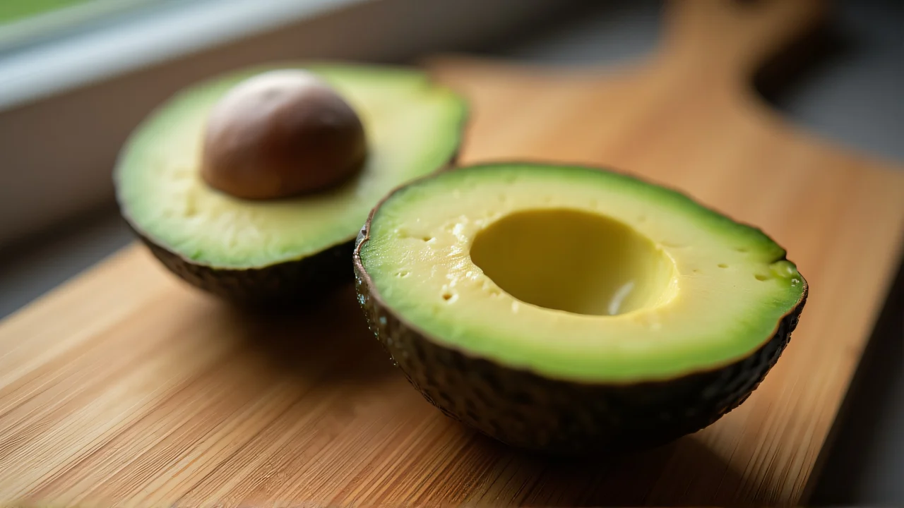 Close-up of a halved avocado on a wooden cutting board with visible seed.