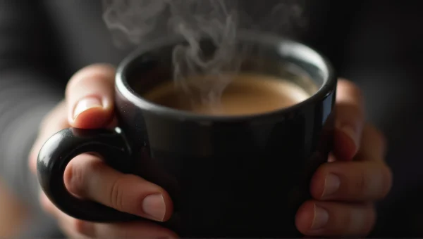 Hand Holding Black Ceramic Coffee Mug Steaming