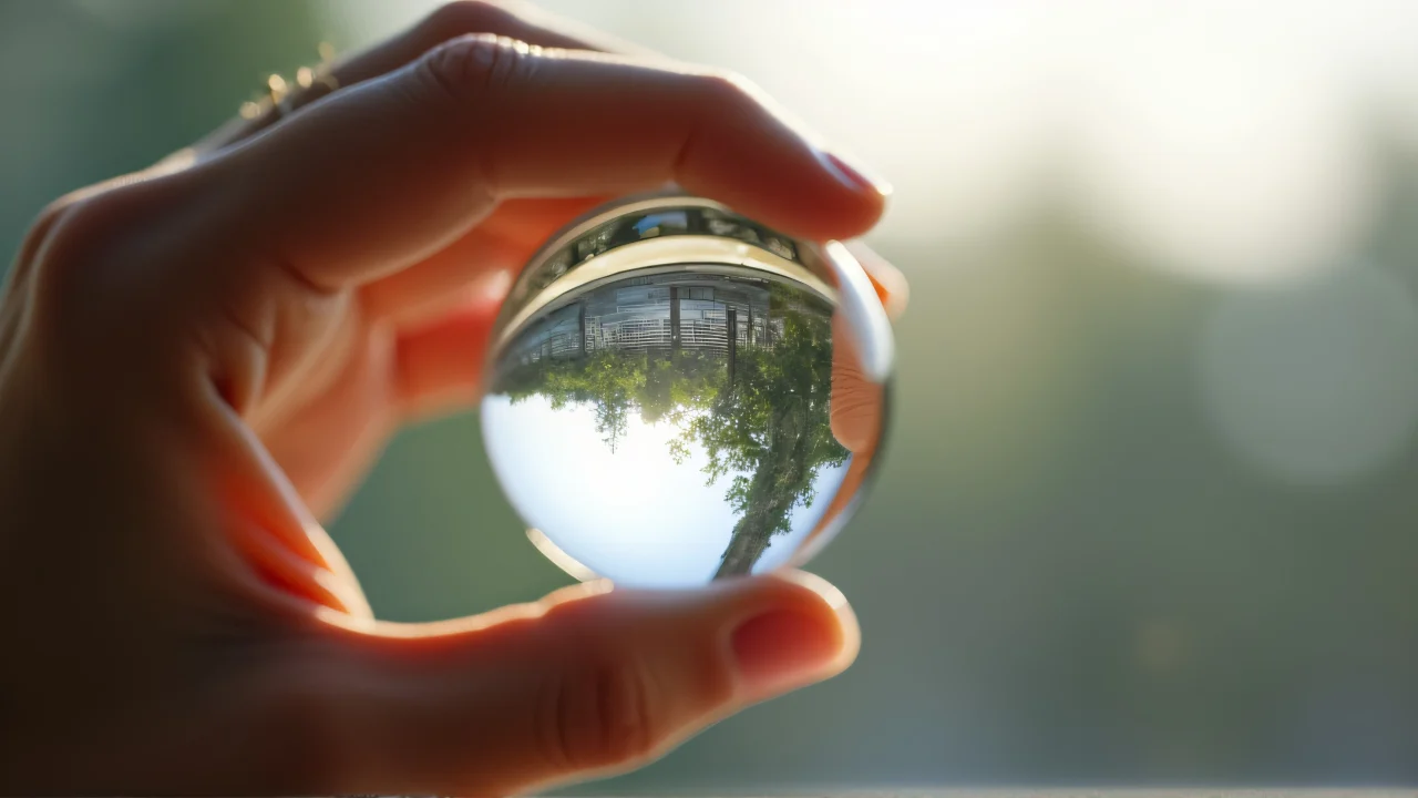 Close-up of a hand holding a clear glass lensball with a blurred background.