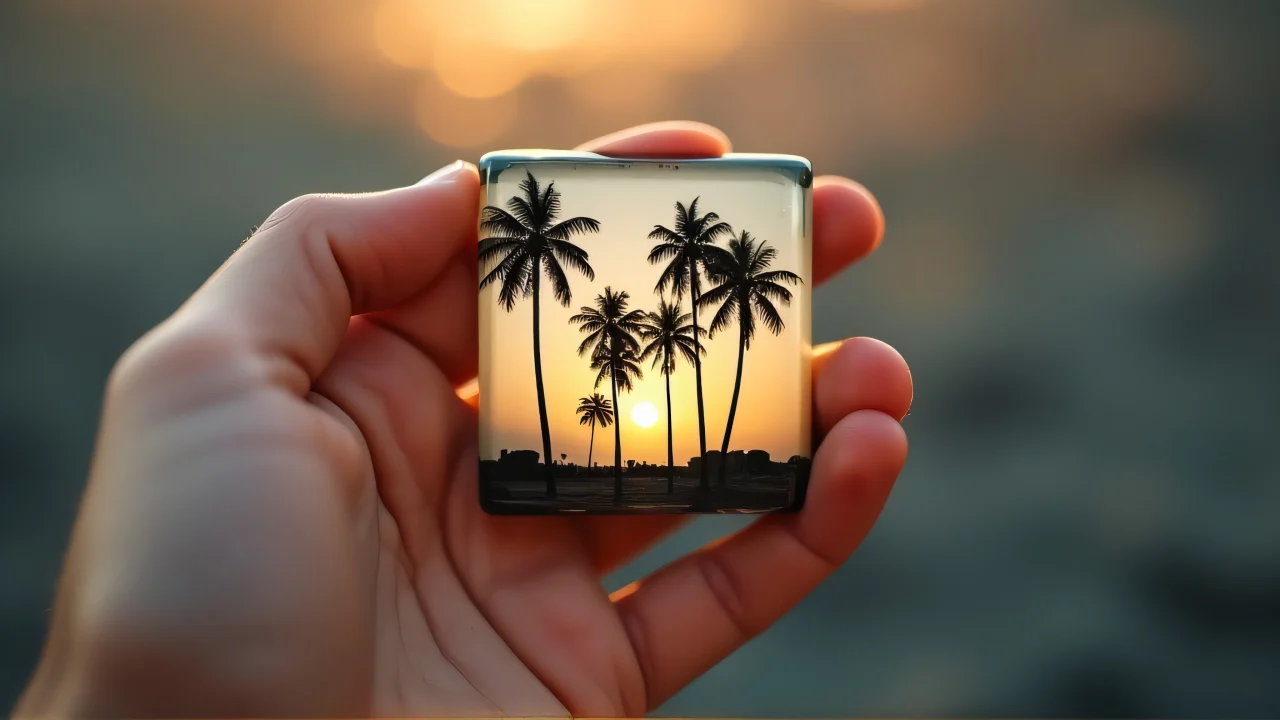 A hand presents a glossy image featuring palm trees with warm backlight and muted textures.