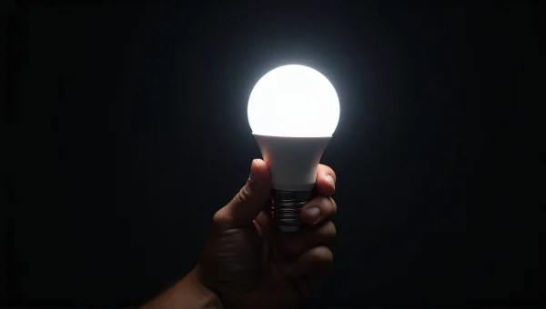 Hand Holding LED Light Bulb Against Dark Background