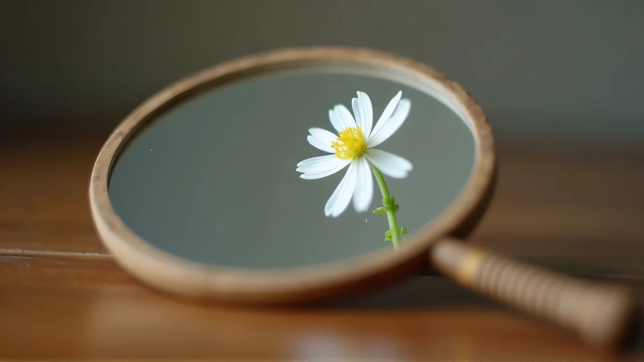 Close-up of a hand mirror reflecting a white flower on a wooden table.