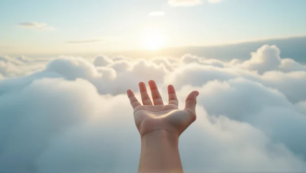 Hand Reaching Through Clouds Towards Horizon