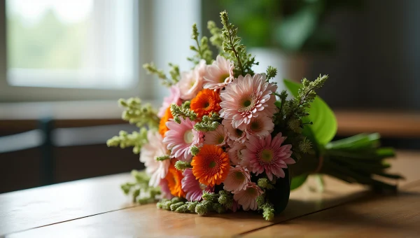 Hand-Tied Bouquet Of Mixed Flowers On Table