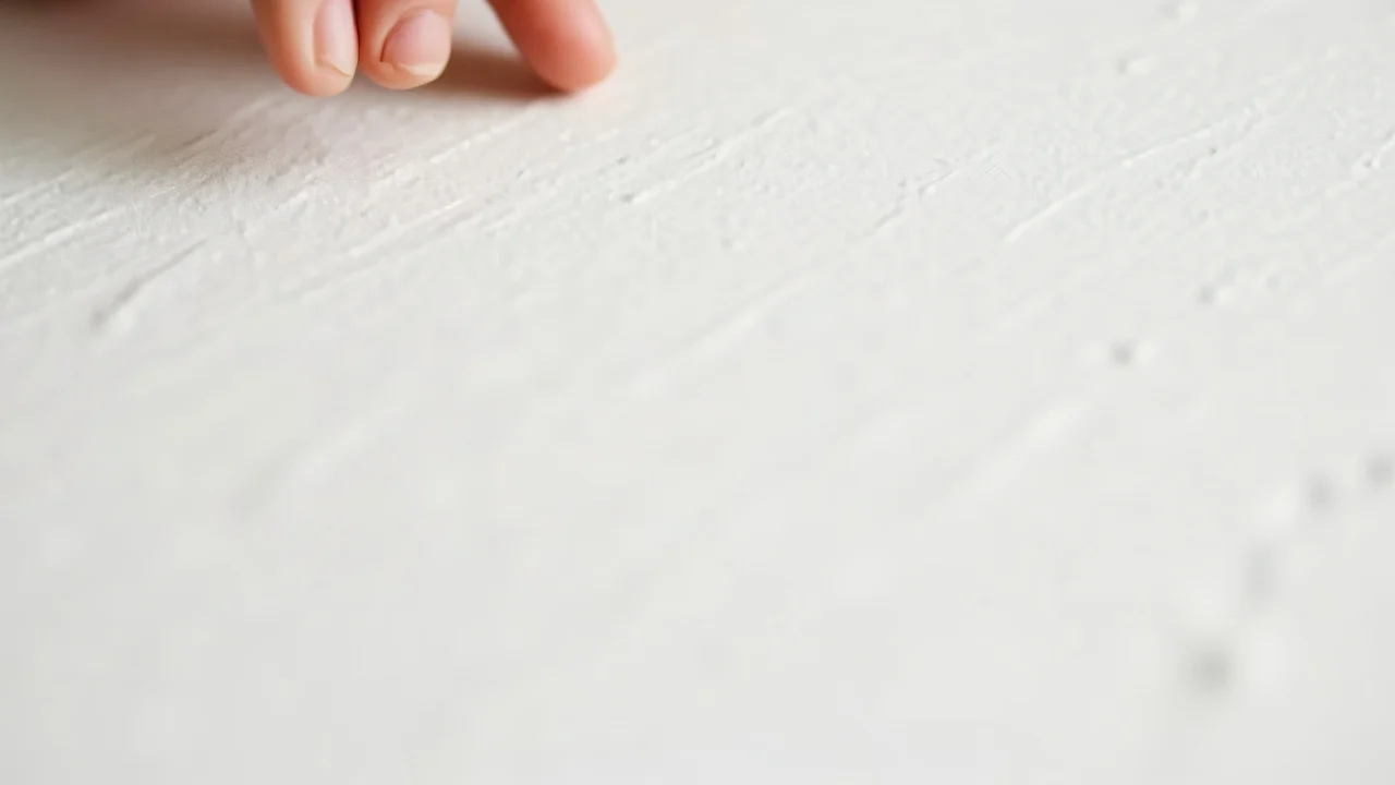 Close-up of a hand making contact with a textured white surface.