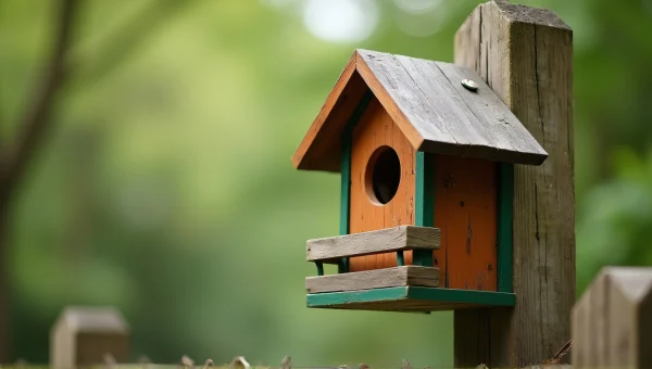 Handcrafted Birdhouse On Weathered Fence Post