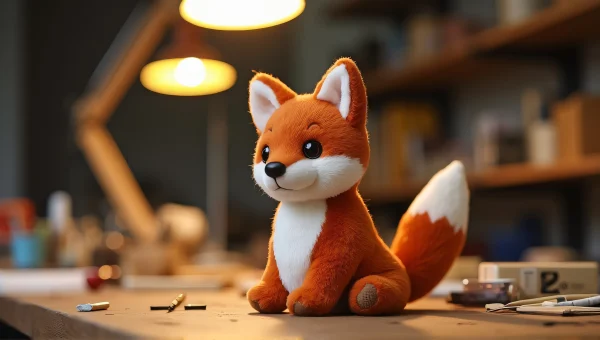 Handcrafted Brown Stuffed Toy Fox on Workbench