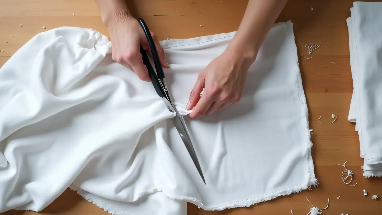 Top-down view of hands using scissors to cut white cloth on a wooden table.
