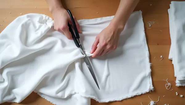 Hands Cutting White Cloth With Scissors