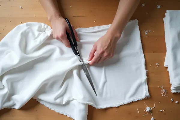Hands Cutting White Cloth With Scissors