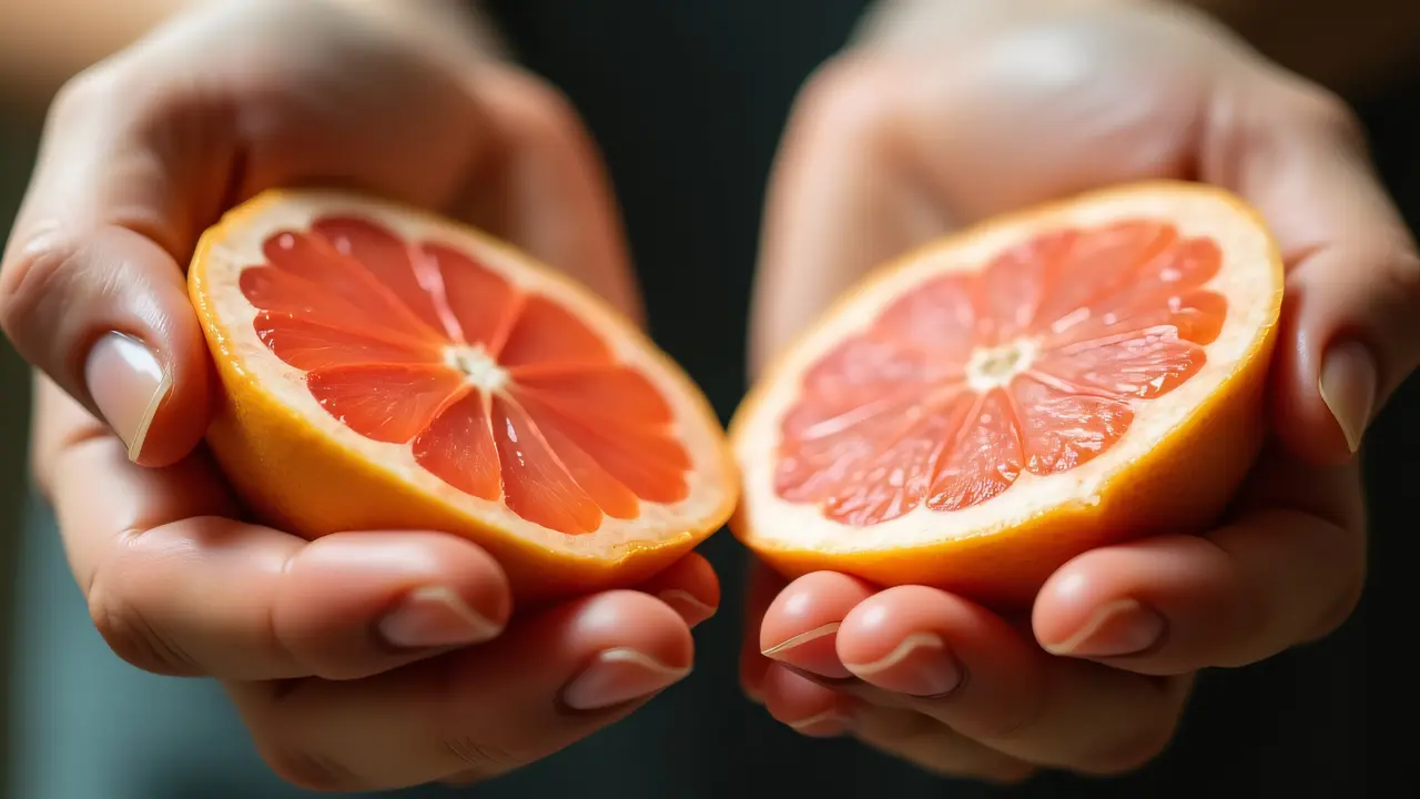 Close-up of hands holding juicy grapefruit slices with juice dripping.
