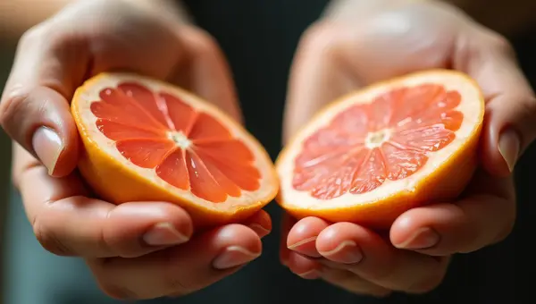 Hands Holding Fresh Grapefruit Slices With Juice
