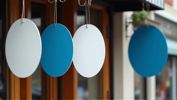 Hanging Blue And White Signs Above Storefront