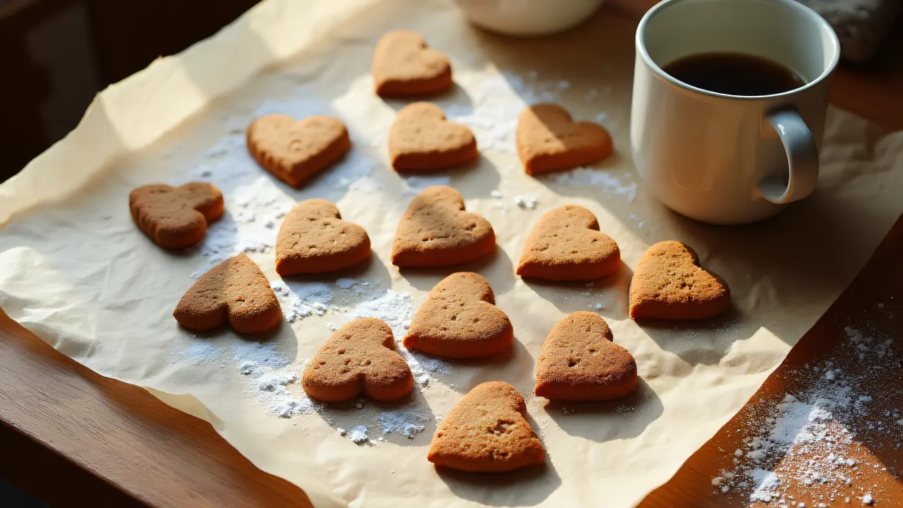 Overhead view of heart-shaped cookies on parchment with powdered sugar and a mug.