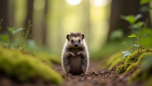 Hedgehog Standing Upright In Mossy Forest