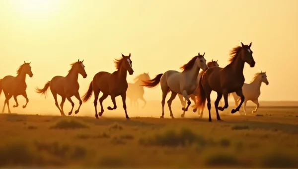 Herd of Galloping Horses on Grass Plain