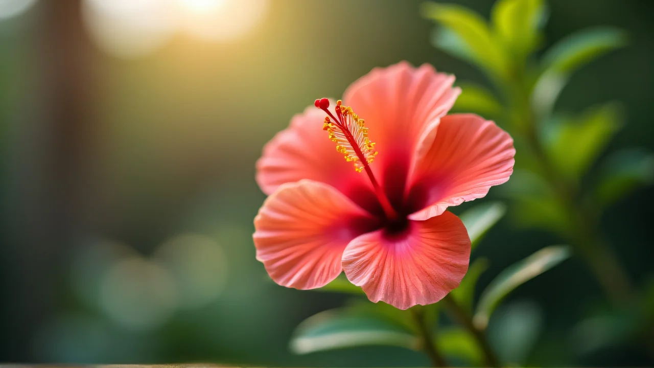 A close-up of a single hibiscus blossom with a soft bokeh background.