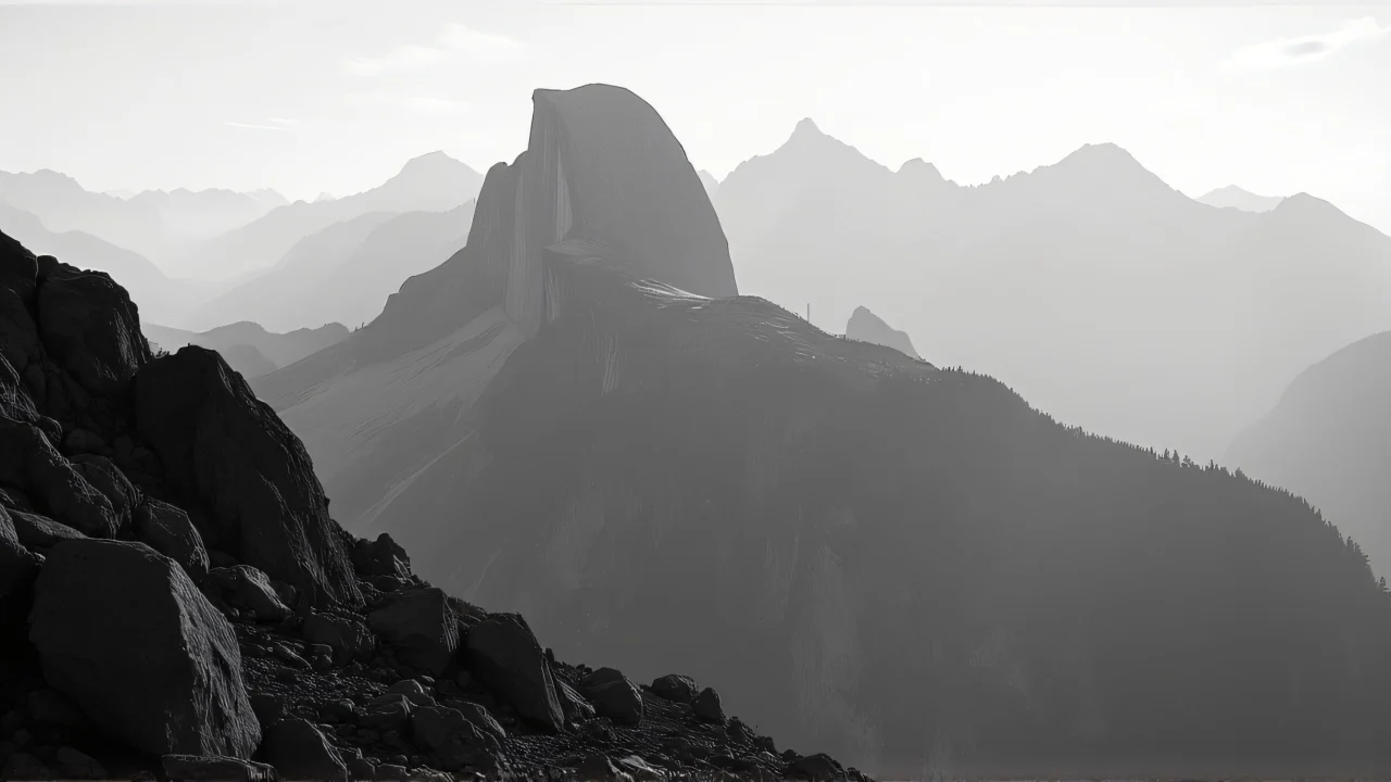 Monochrome mountain range with rocky ridge and misty peaks.