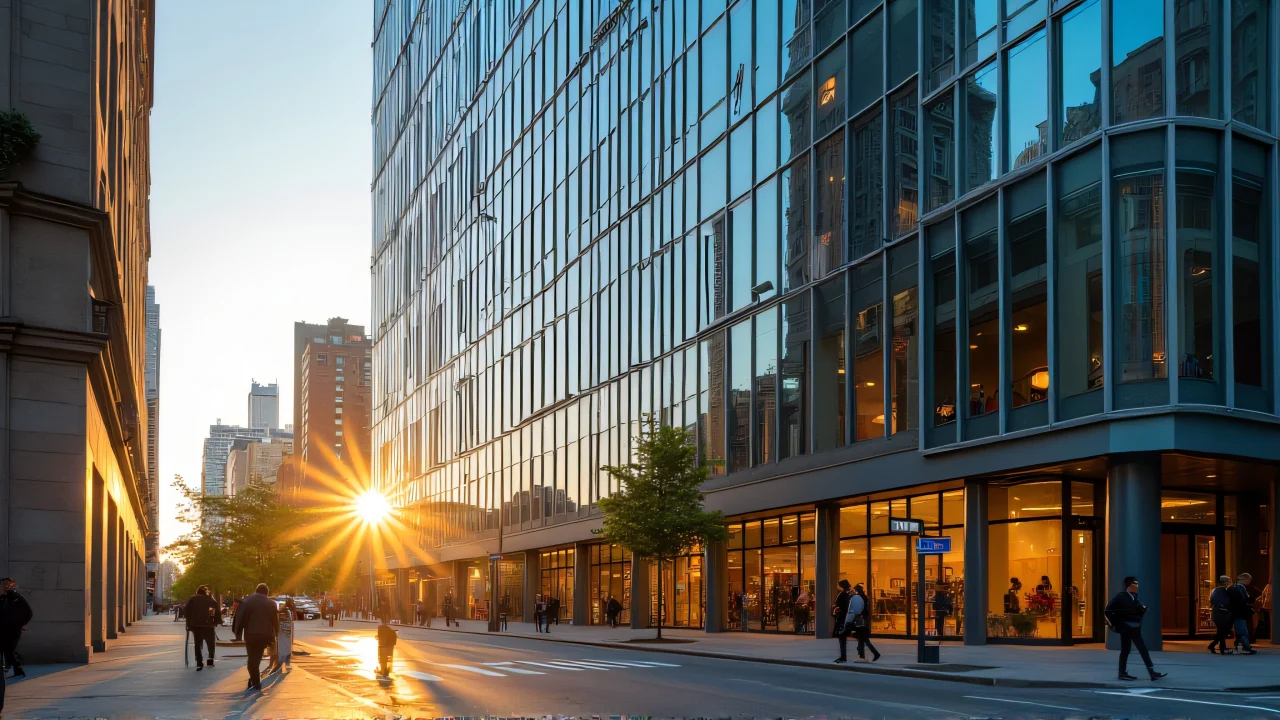 Low-angle view of a high-rise building reflecting sunlight with pedestrians below.