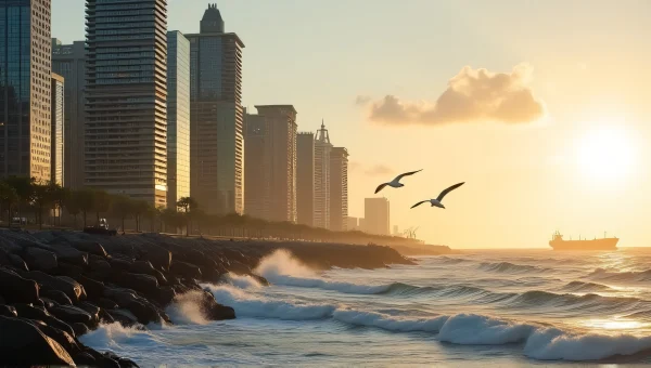 High-Rise Buildings Shoreline Sunset Reflection
