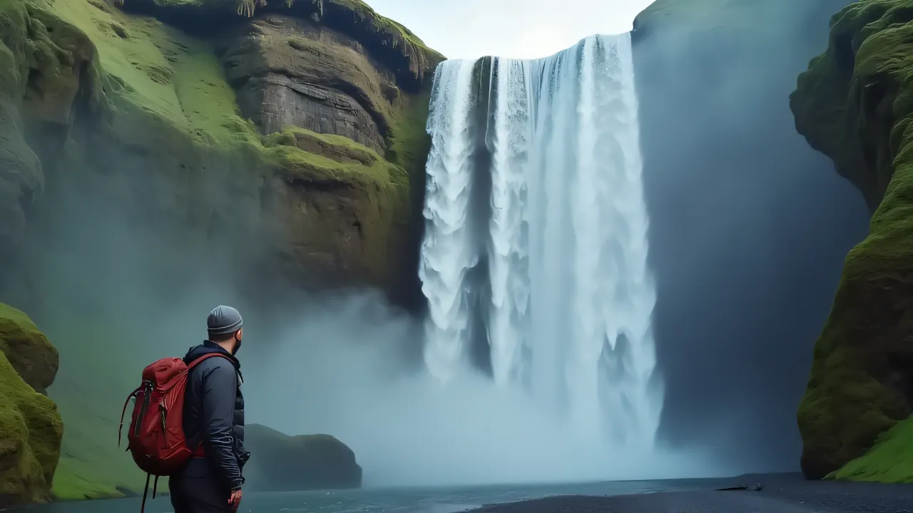A hiker stands near a beautiful waterfall surrounded by lush greenery and mist.