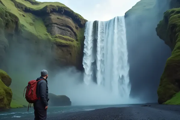 Hiker Next To Cascading Waterfalls In Lush Nature