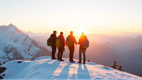 Hikers Atop Snowy Mountain Peak During Sunrise