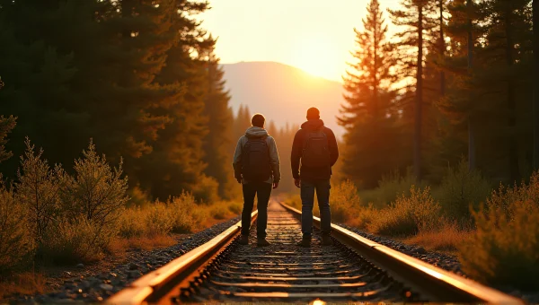 Hikers By Railroad Tracks In Pine Forest