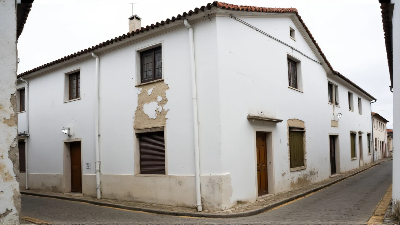 White building with peeling stucco on a cobblestone street.