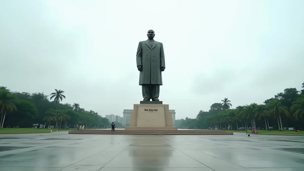 Bronze statue of Ho Chi Minh on granite pedestal in a plaza.
