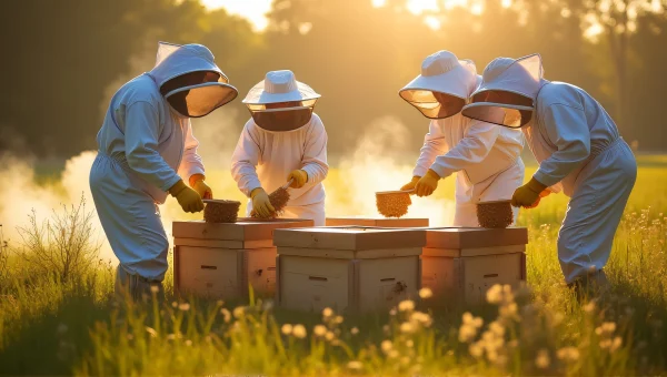 Honey Harvesting With Protective Suits in Meadow