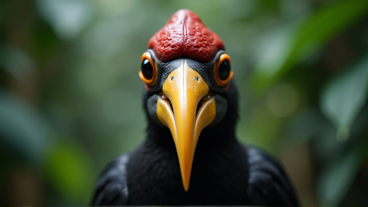 Close-up of a hornbill with sharp eye and textured beak in a rainforest background.