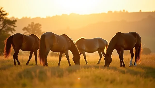 Horses Grazing in Sunlit Meadow Landscape