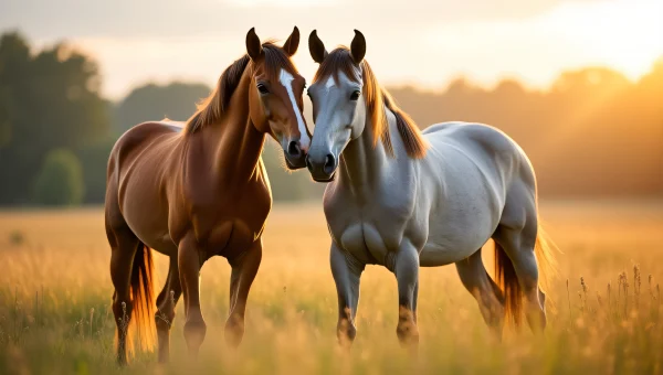 Horses in Sunlit Meadow Together View