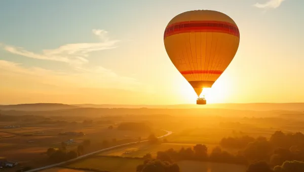 Hot Air Balloon Over Patchwork Farmland Sunset