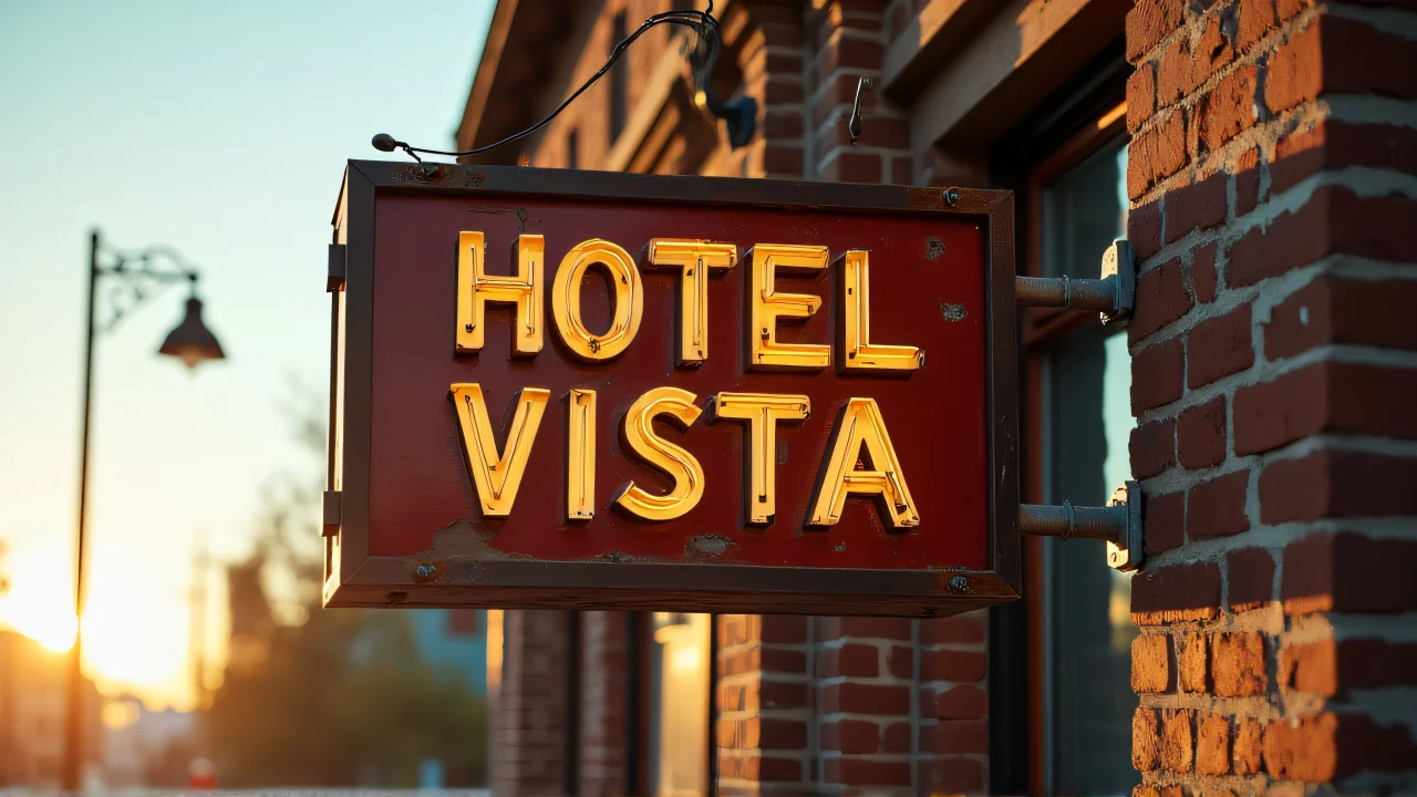 Hotel Monte Vista sign on a vintage brick wall with string lights.