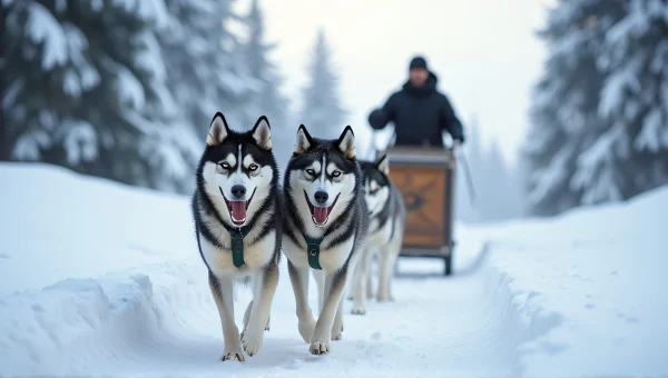 Huskies Pulling Sled in Snowy Wilderness Adventure