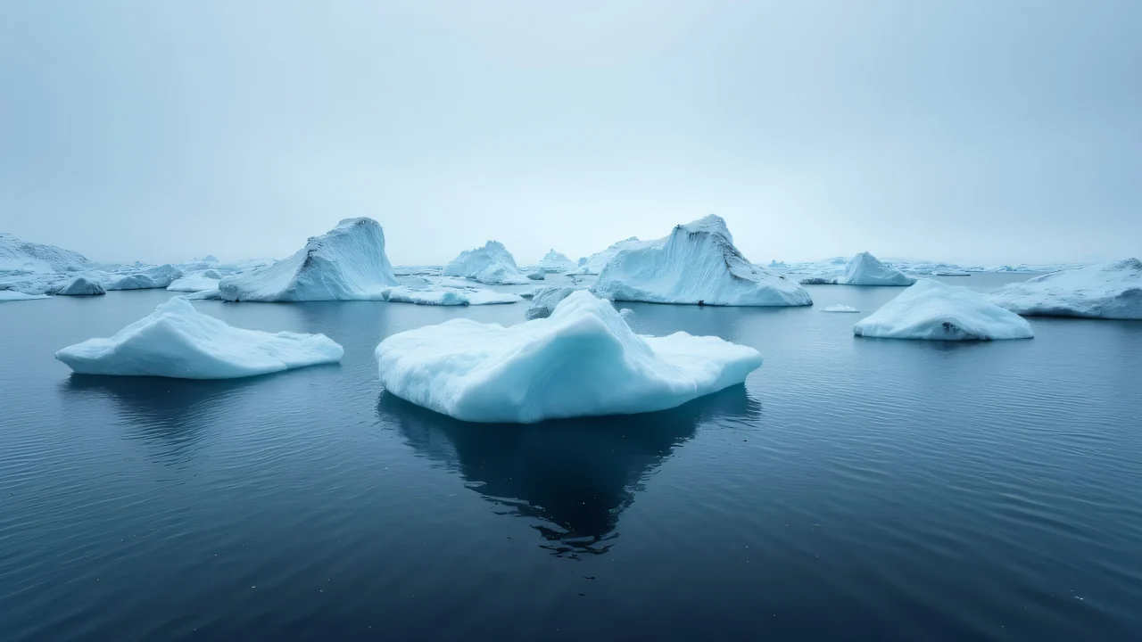 A field of jagged icebergs floats in dark water under a low overcast sky.