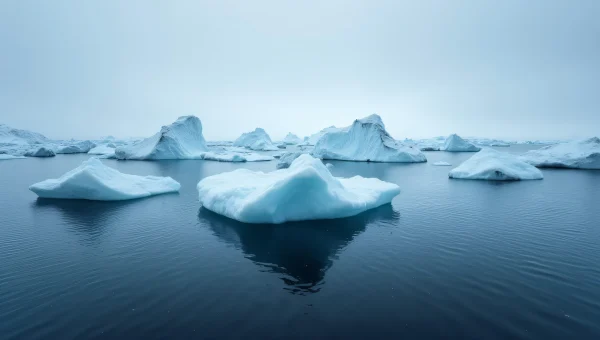 Icebergs in Dark Polar Water Under Overcast Sky