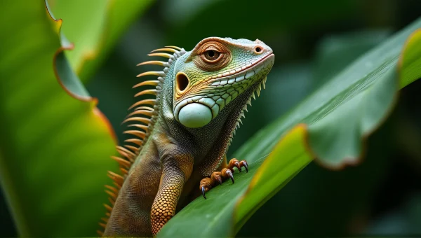 Iguana On Tropical Leaves Close-Up Shot