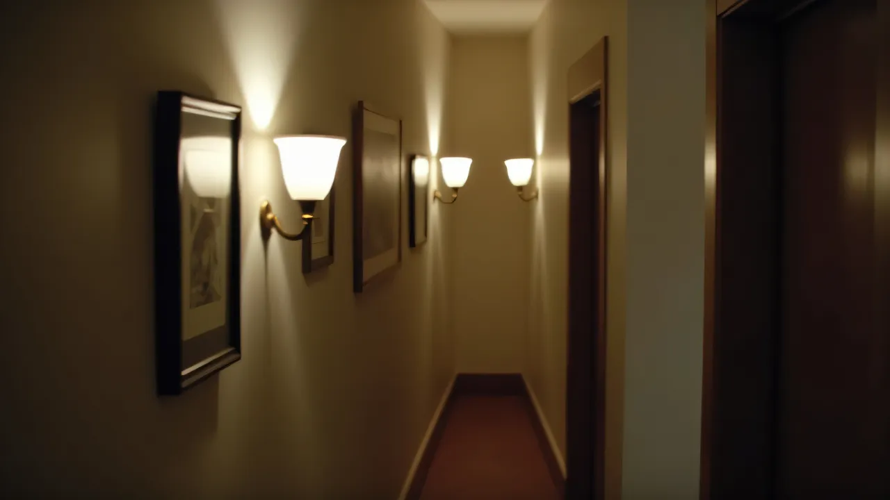 Interior corridor featuring illuminated wall lights and framed paintings casting soft shadows.