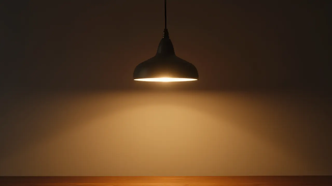 A single pendant lamp casting warm light over a wooden table.