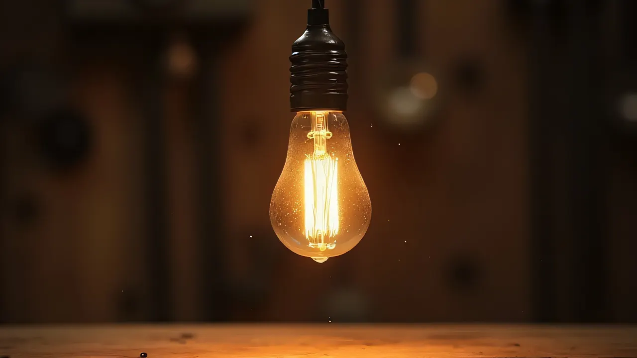 A glowing incandescent bulb hangs over a wooden workbench, illuminating dust motes.