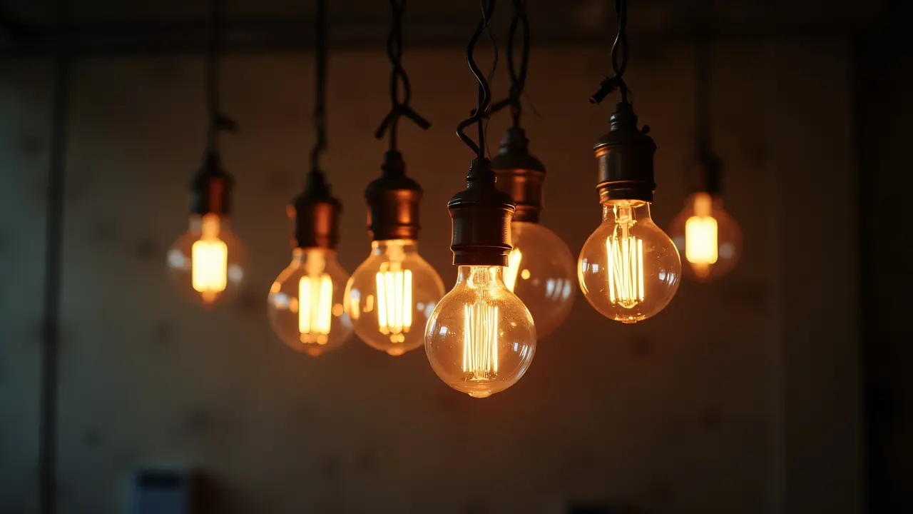 A cluster of incandescent light bulbs glowing softly in an industrial interior with muted colors.