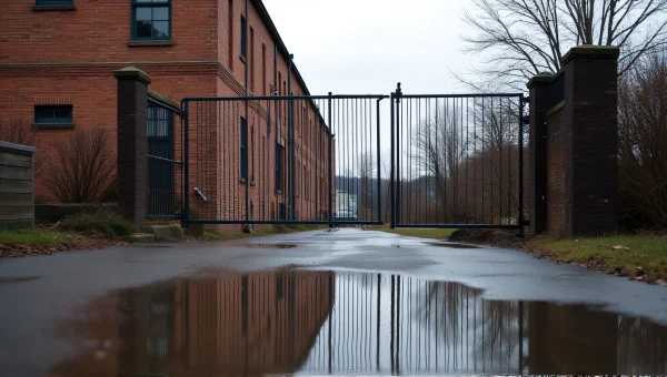 Industrial Metal Gate Reflection In Puddle