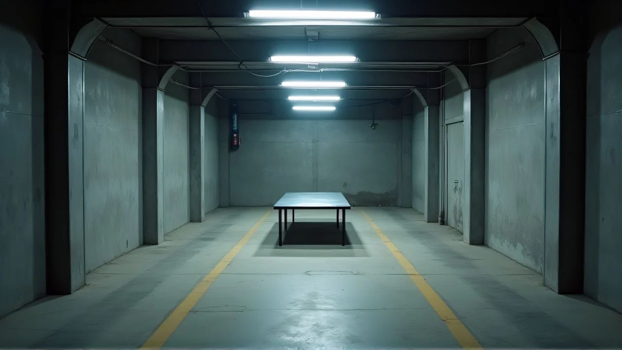 High-angle view of an industrial room with harsh lighting and a metal table.