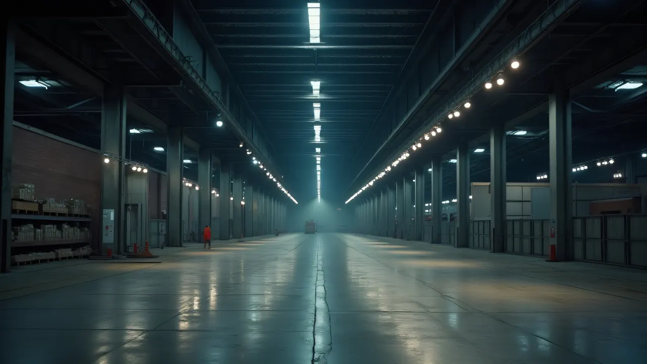Overhead industrial lights creating perspective in a dim warehouse.